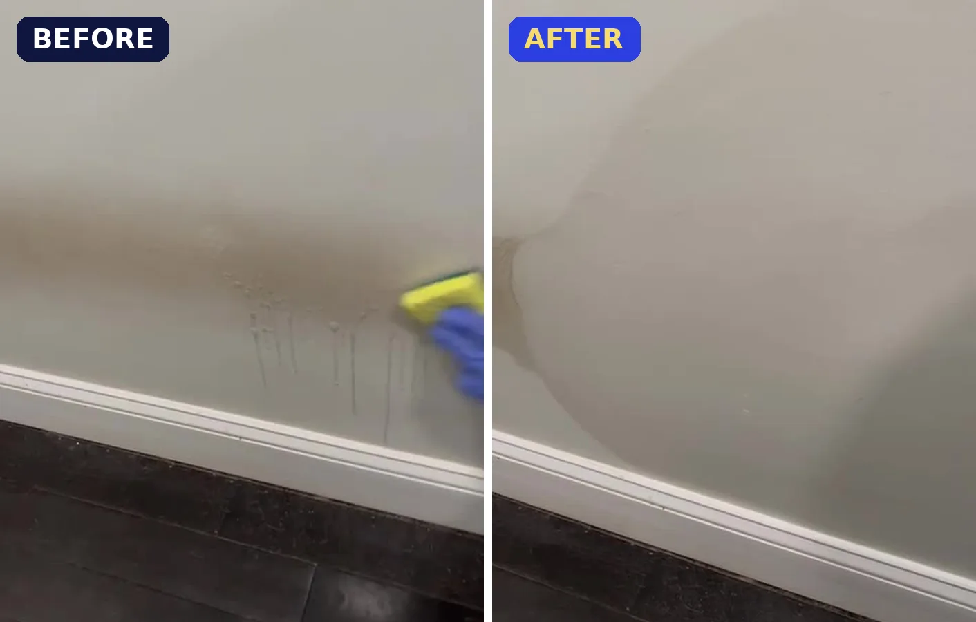Scuff marks scrubbed off a wall: before and after